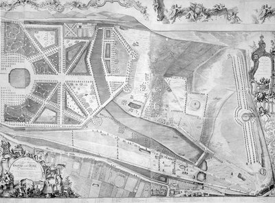 Detail (rechte Seite) des Plans des Kensington Palace von Joshua Rhodes, 1764 von George Bickham